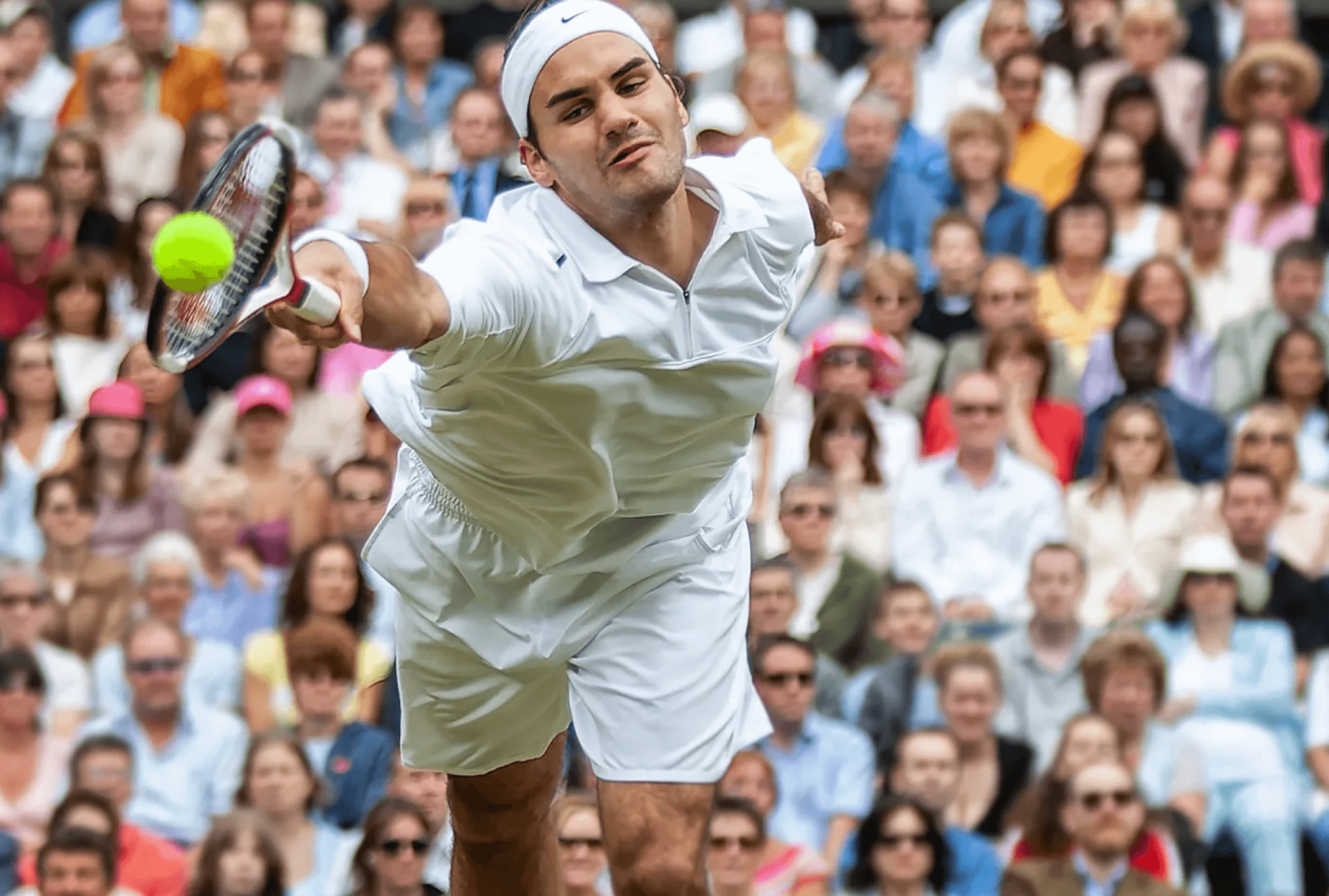 Roger Federer gibt während Wimbledon 2004 bei einem Schlag