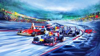 Eine Zeichnung von Formel-1-Autos und weiteren Rennwägen in Aktion