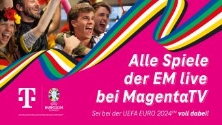 Eine Grafik in Telekom-Magenta mit jubelnden Fans und dem Text: "Alle Spiele der EM live bei MagentaTV"